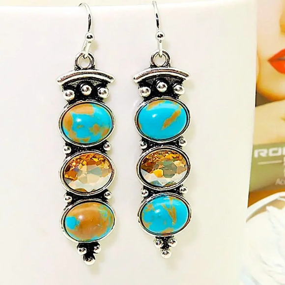 Silver Vintage Handmade Boho Turquoise Dangle Drop Stone Citrine Earrings - Picture 4 of 4